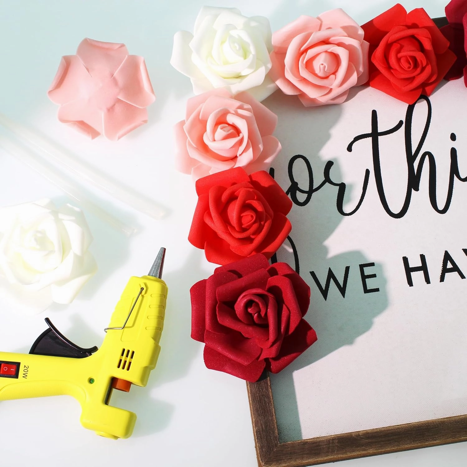 100 Pcs 3 Inch Artificial Flowers Bulk 5 in 1 Set Faux Foam Fake Rose Head Wedding Decoration Bridal Shower Centerpiece Arrangement Wall Table Decor DIY Craft (4 Shades of Red Ivory)