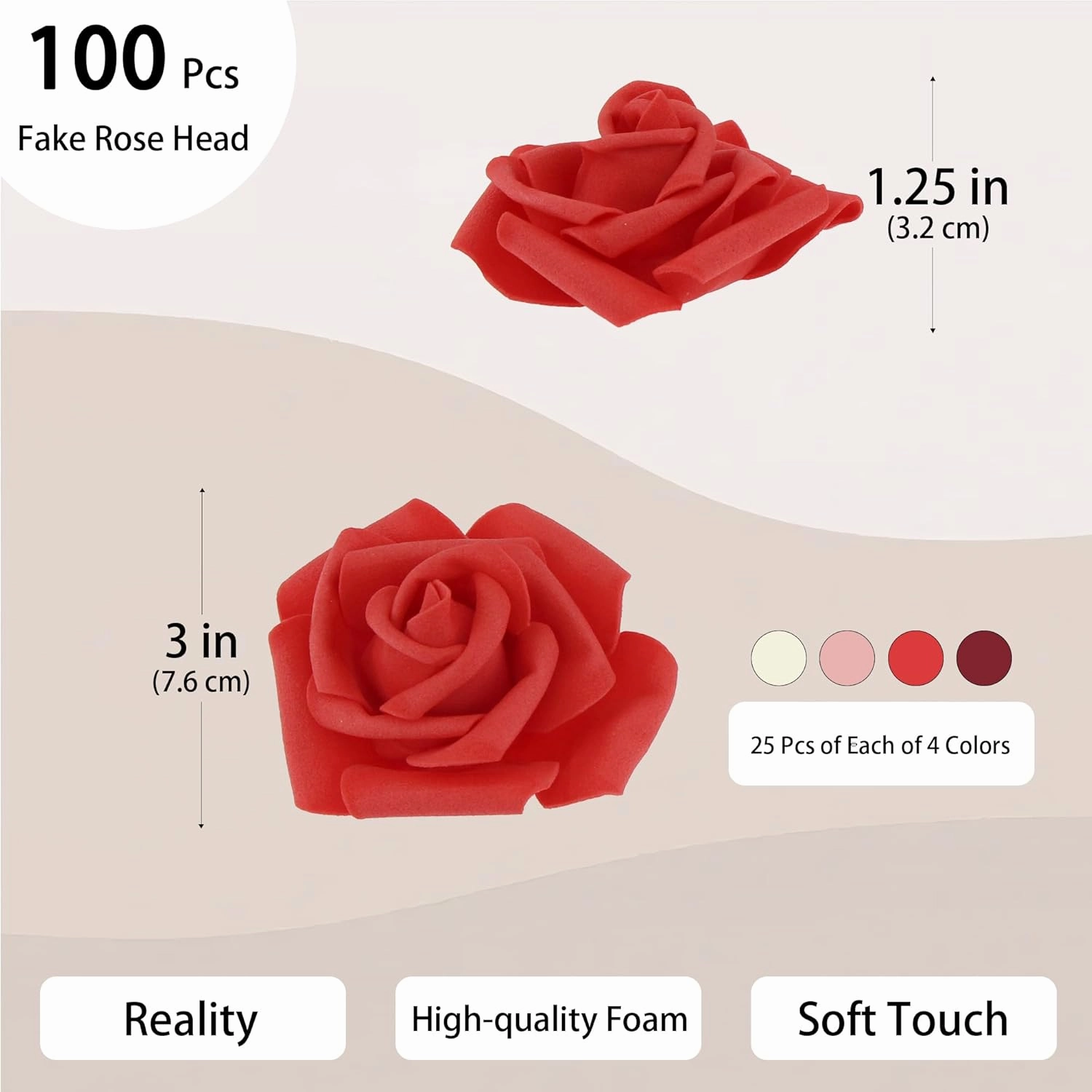 100 Pcs 3 Inch Artificial Flowers Bulk 5 in 1 Set Faux Foam Fake Rose Head Wedding Decoration Bridal Shower Centerpiece Arrangement Wall Table Decor DIY Craft (4 Shades of Red Ivory)