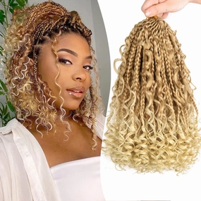 10 Inch Goddess Box Braids Crochet Hair for Black Women With Curl Ends 8 Packs Pre Looped Crochet 3X Boho Bob Box Braids Synthetic Twists Braiding Hair Extensions (12strands/pack;27/613#)