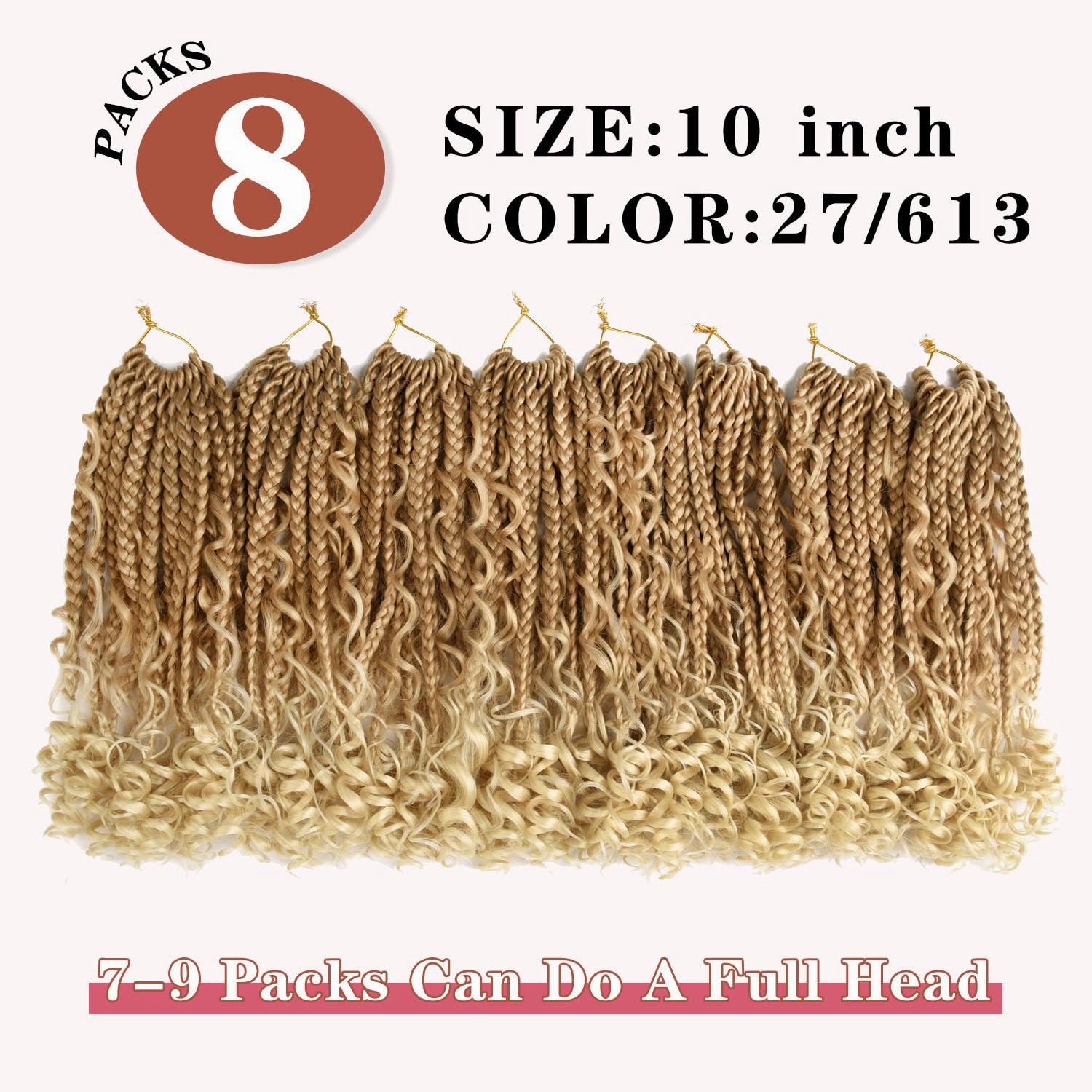 10 Inch Goddess Box Braids Crochet Hair for Black Women With Curl Ends 8 Packs Pre Looped Crochet 3X Boho Bob Box Braids Synthetic Twists Braiding Hair Extensions (12strands/pack;27/613#)