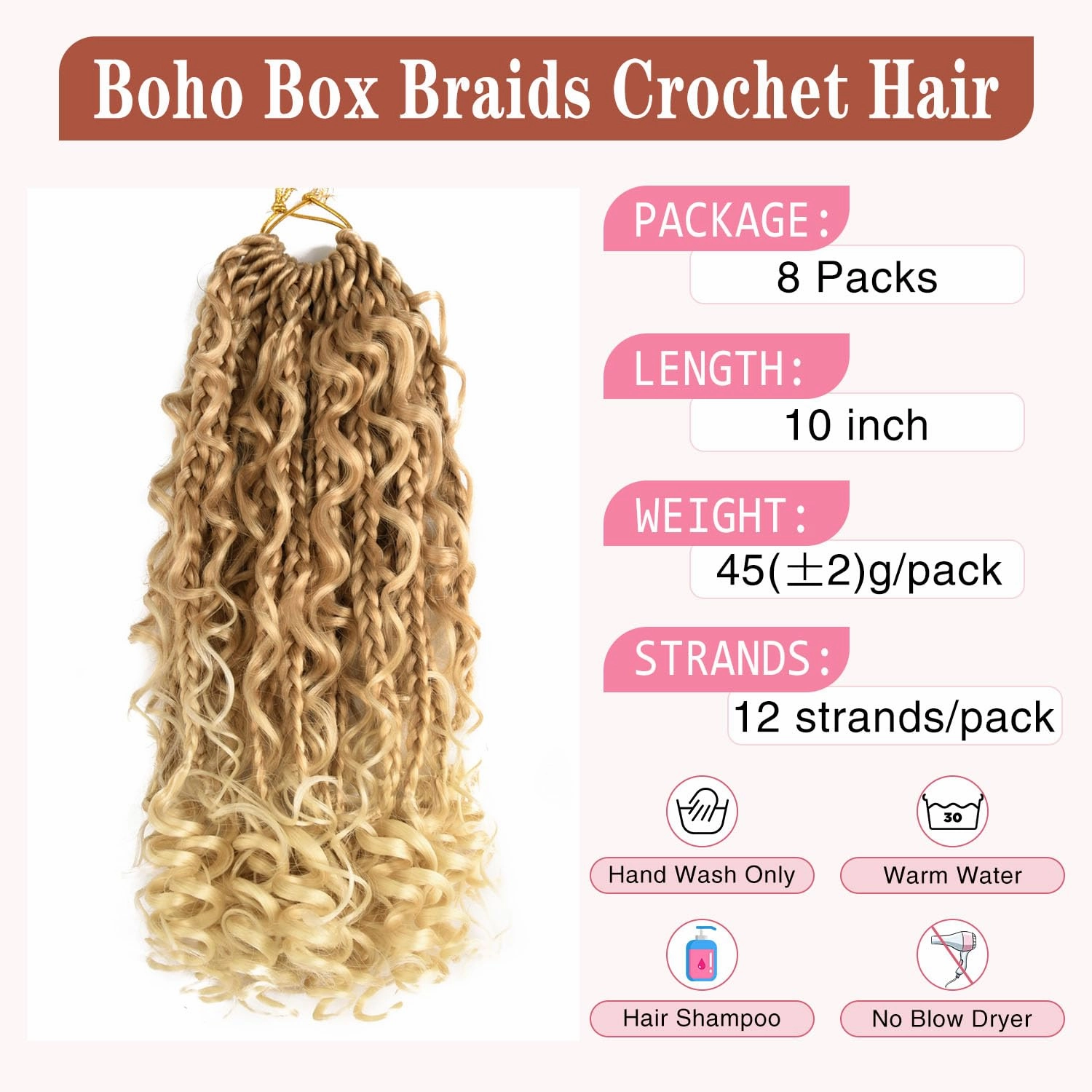 10 Inch Goddess Box Braids Crochet Hair for Black Women With Curl Ends 8 Packs Pre Looped Crochet 3X Boho Bob Box Braids Synthetic Twists Braiding Hair Extensions (12strands/pack;27/613#)