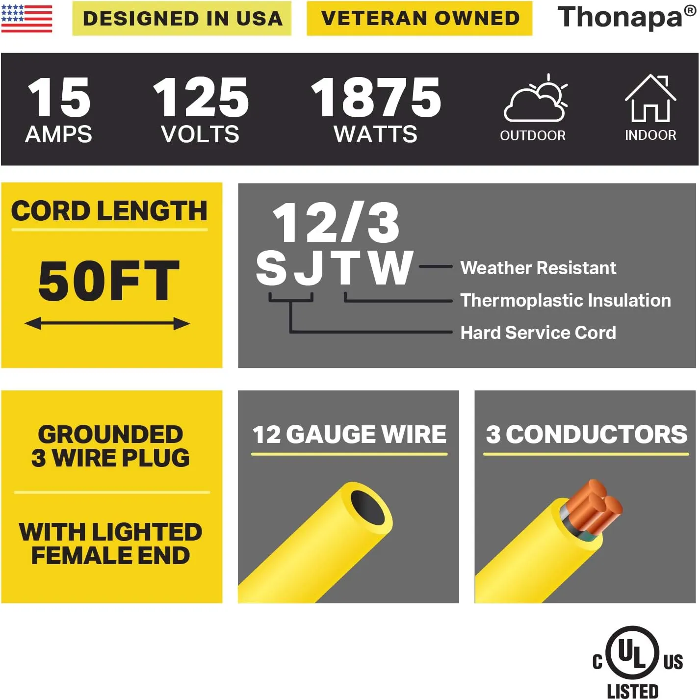 12 Gauge Extension Cord 50 ft, Weatherproof 12/3 Heavy Duty Outdoor Extension Cord 50’ SJTW 3 Prong, Lighted Plug Yellow Cable 15 Amp for Major Appliances & Garden Tools - US Veteran Owned