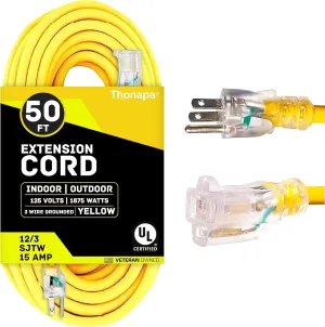 12 Gauge Extension Cord 50 ft, Weatherproof 12/3 Heavy Duty Outdoor Extension Cord 50’ SJTW 3 Prong, Lighted Plug Yellow Cable 15 Amp for Major Appliances & Garden Tools - US Veteran Owned