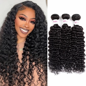 12A Deep Wave Bundles 16 18 20 Inchs Human Hair Bundles 100% Unprocessed Brazilian Curly Wet Wavy Texture 3 Bundles Deep Wave Natural Black(300g)