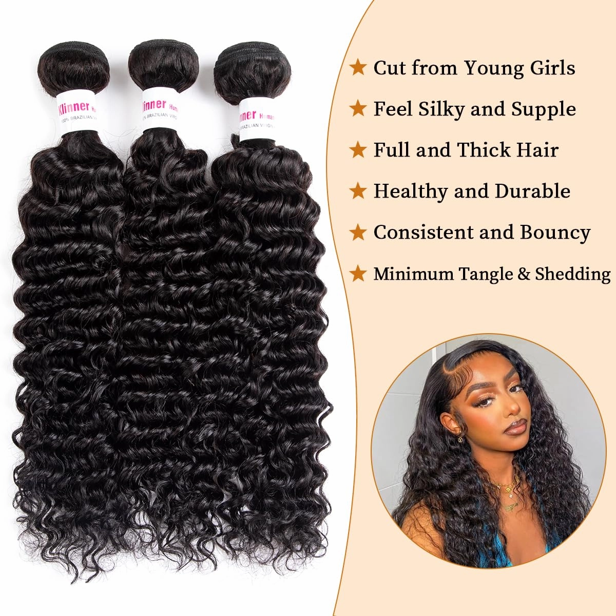 12A Deep Wave Bundles 16 18 20 Inchs Human Hair Bundles 100% Unprocessed Brazilian Curly Wet Wavy Texture 3 Bundles Deep Wave Natural Black(300g)