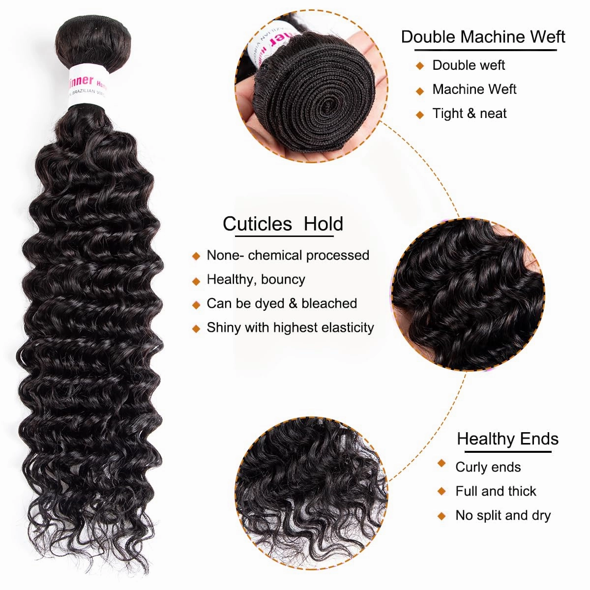12A Deep Wave Human Hair Bundles 14Inch Curly Bundles Human Hair 100% Unprocessed Human Hair Bundles Deep Wave Weft Extensions Weave Natural Black (100g)