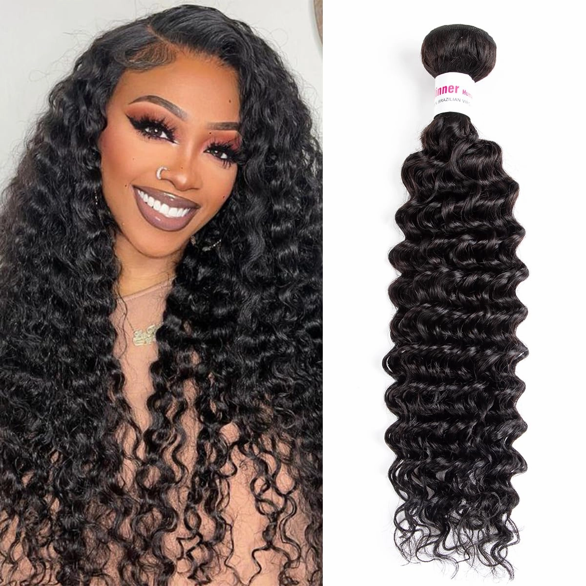12A Deep Wave Human Hair Bundles 14Inch Curly Bundles Human Hair 100% Unprocessed Human Hair Bundles Deep Wave Weft Extensions Weave Natural Black (100g)