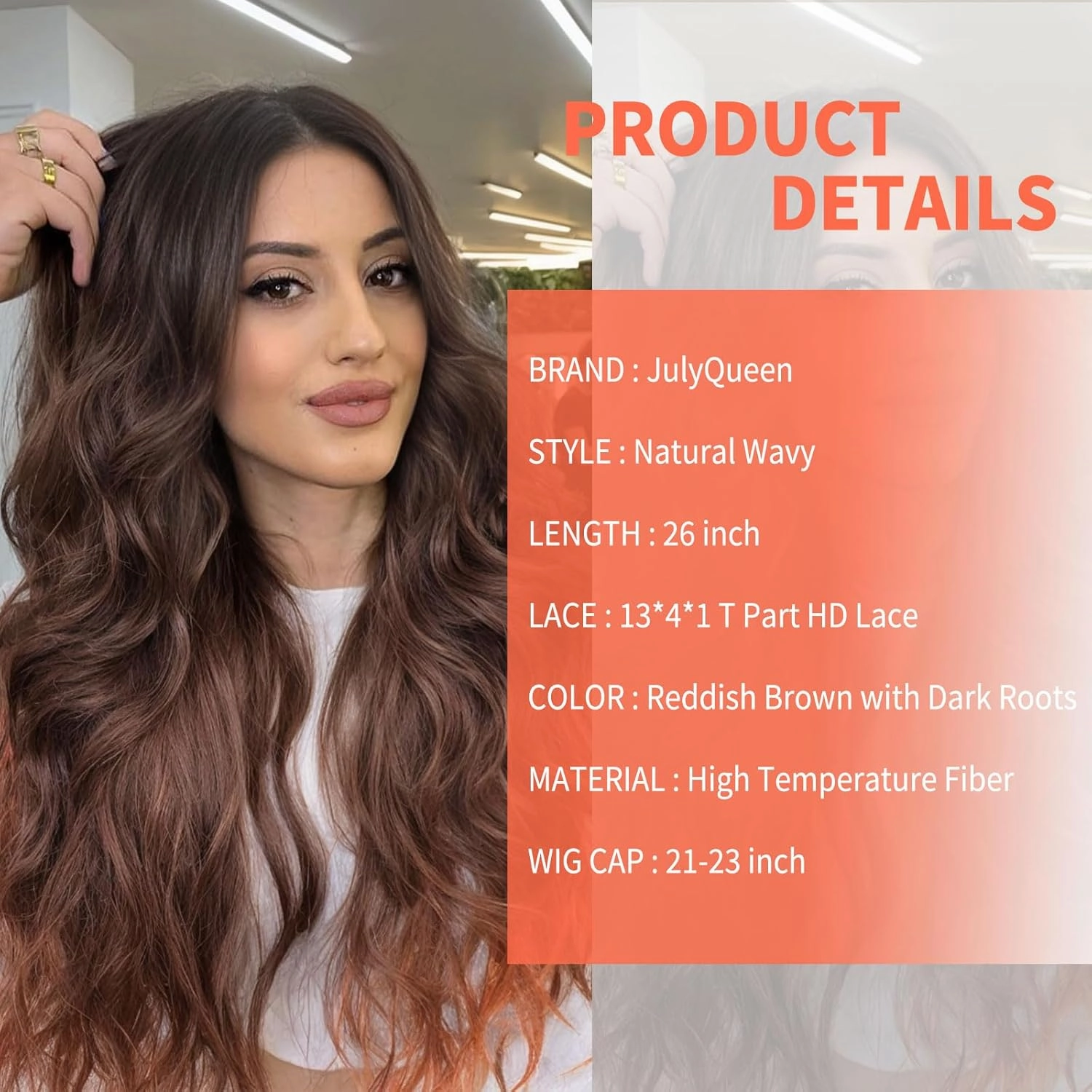 13x4x1 T Part Synthetic Lace Front Wigs Long Wavy Ombre Reddish Brown Wig for Women Curly Wavy Hair Natural Look Wear and Go Glueless Wigs for Black Women Costume and Parties(26 Inch)