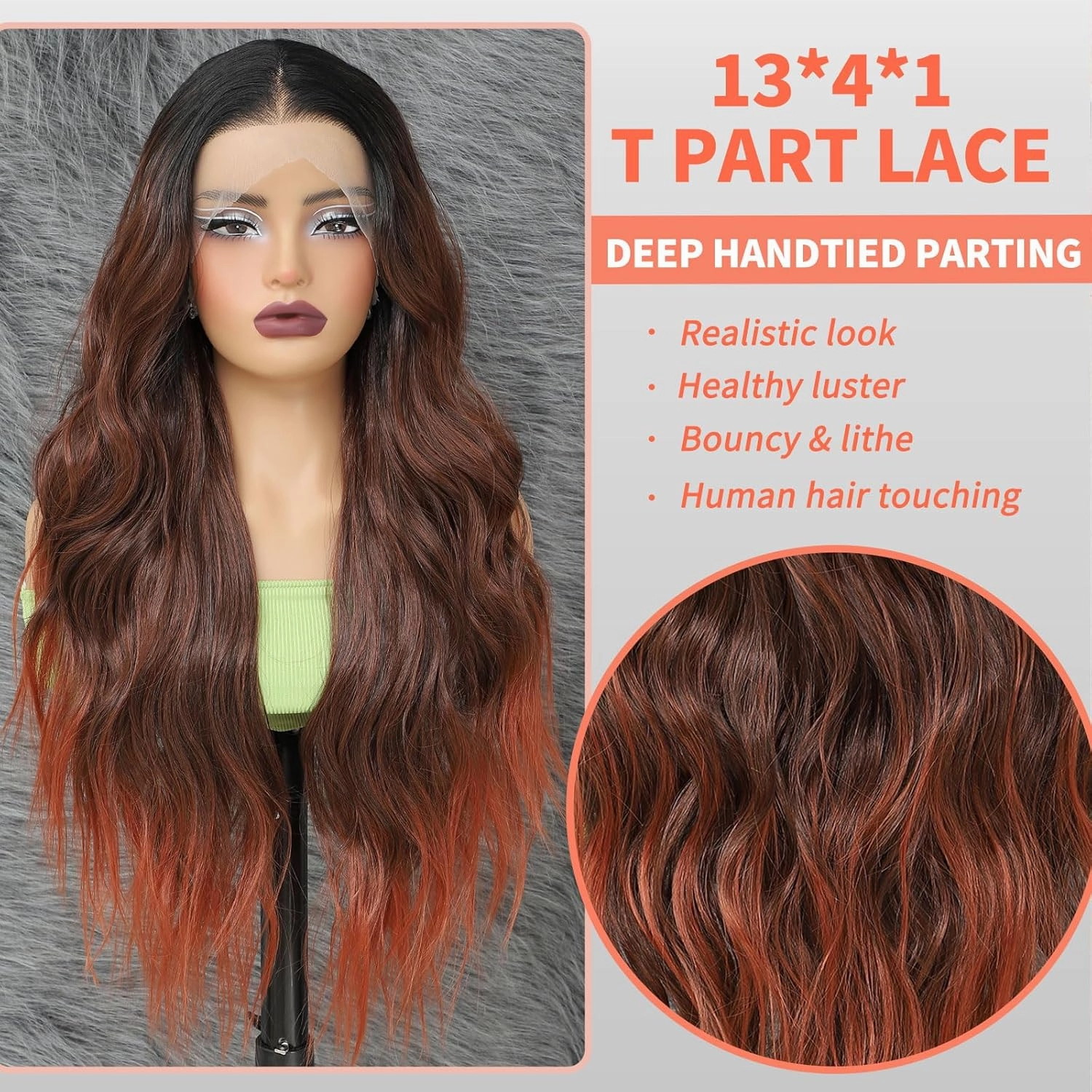 13x4x1 T Part Synthetic Lace Front Wigs Long Wavy Ombre Reddish Brown Wig for Women Curly Wavy Hair Natural Look Wear and Go Glueless Wigs for Black Women Costume and Parties(26 Inch)