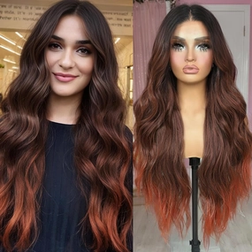 13x4x1 T Part Synthetic Lace Front Wigs Long Wavy Ombre Reddish Brown Wig for Women Curly Wavy Hair Natural Look Wear and Go Glueless Wigs for Black Women Costume and Parties(26 Inch)