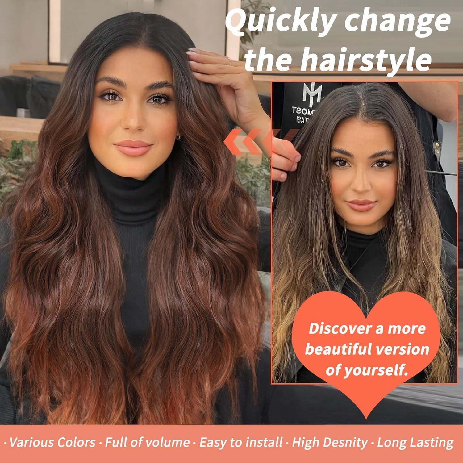 13x4x1 T Part Synthetic Lace Front Wigs Long Wavy Ombre Reddish Brown Wig for Women Curly Wavy Hair Natural Look Wear and Go Glueless Wigs for Black Women Costume and Parties(26 Inch)