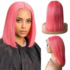 14 Inch Pink Bob Wigs Human Hair for Black Women 13x4 HD Lace Frontal Hot Pink Bob Wigs Human Hair Pre Plucked Wear and Go Glueless Long Straight Frontal Wigs 180% Density