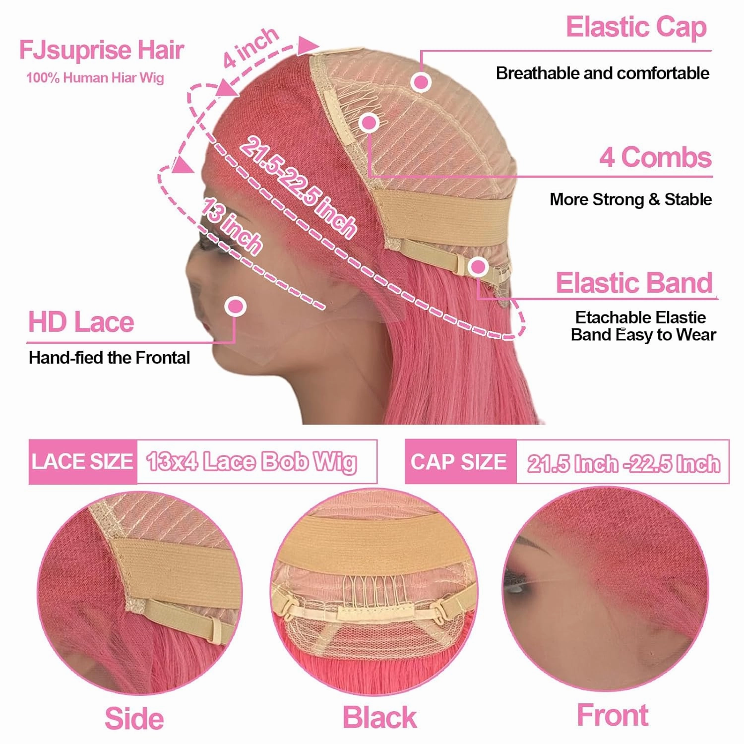 14 Inch Pink Bob Wigs Human Hair for Black Women 13x4 HD Lace Frontal Hot Pink Bob Wigs Human Hair Pre Plucked Wear and Go Glueless Long Straight Frontal Wigs 180% Density
