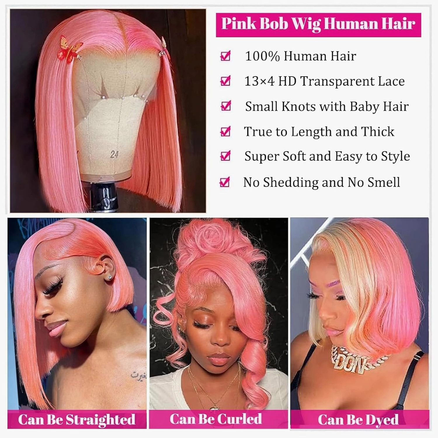 14 Inch Pink Bob Wigs Human Hair for Black Women 13x4 HD Lace Frontal Hot Pink Bob Wigs Human Hair Pre Plucked Wear and Go Glueless Long Straight Frontal Wigs 180% Density