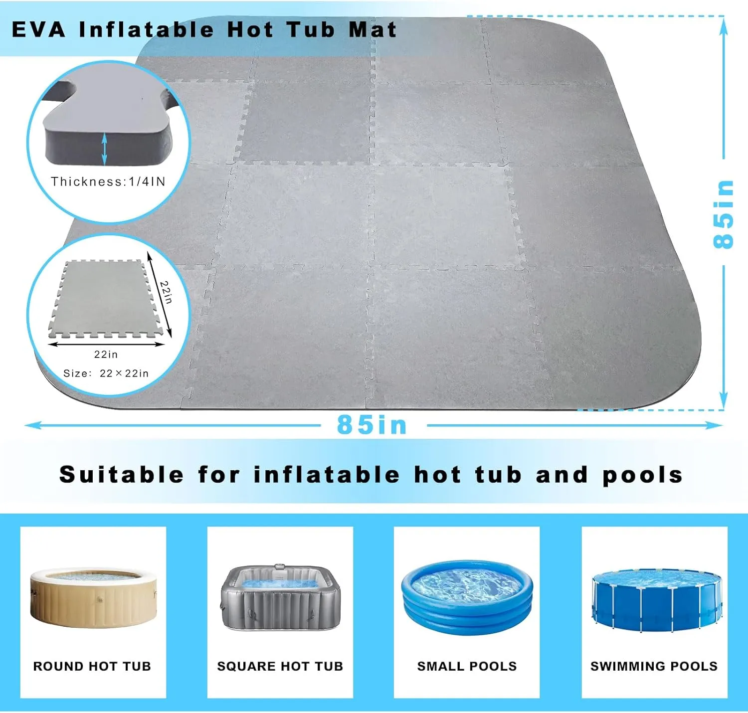 17pc 85 Inch Hot Tub Mat, 1/4 Inch 6mm Thickness EVA Foam Pad – Puncture-Resistant, Slip-Proof, Weatherproof Foundation for Inflatable Tubs