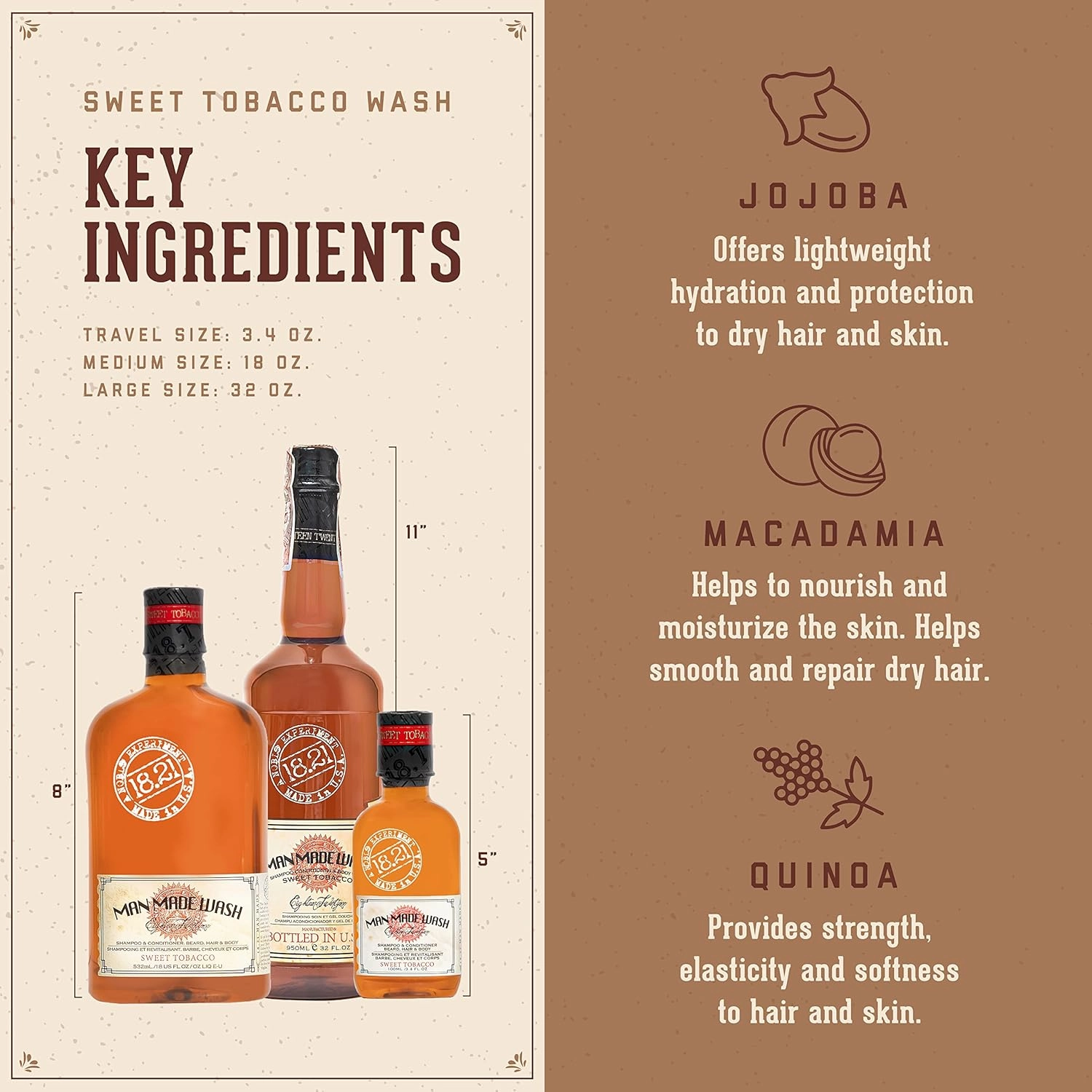 18.21 Man Made Absolute Mahogany Wash & Spiced Vanilla 3-in-1, 18 oz Wash 2-Set Bundle, All Hair & Skin Types for Men, Strengthens and Moisturizes in a Manly Aroma