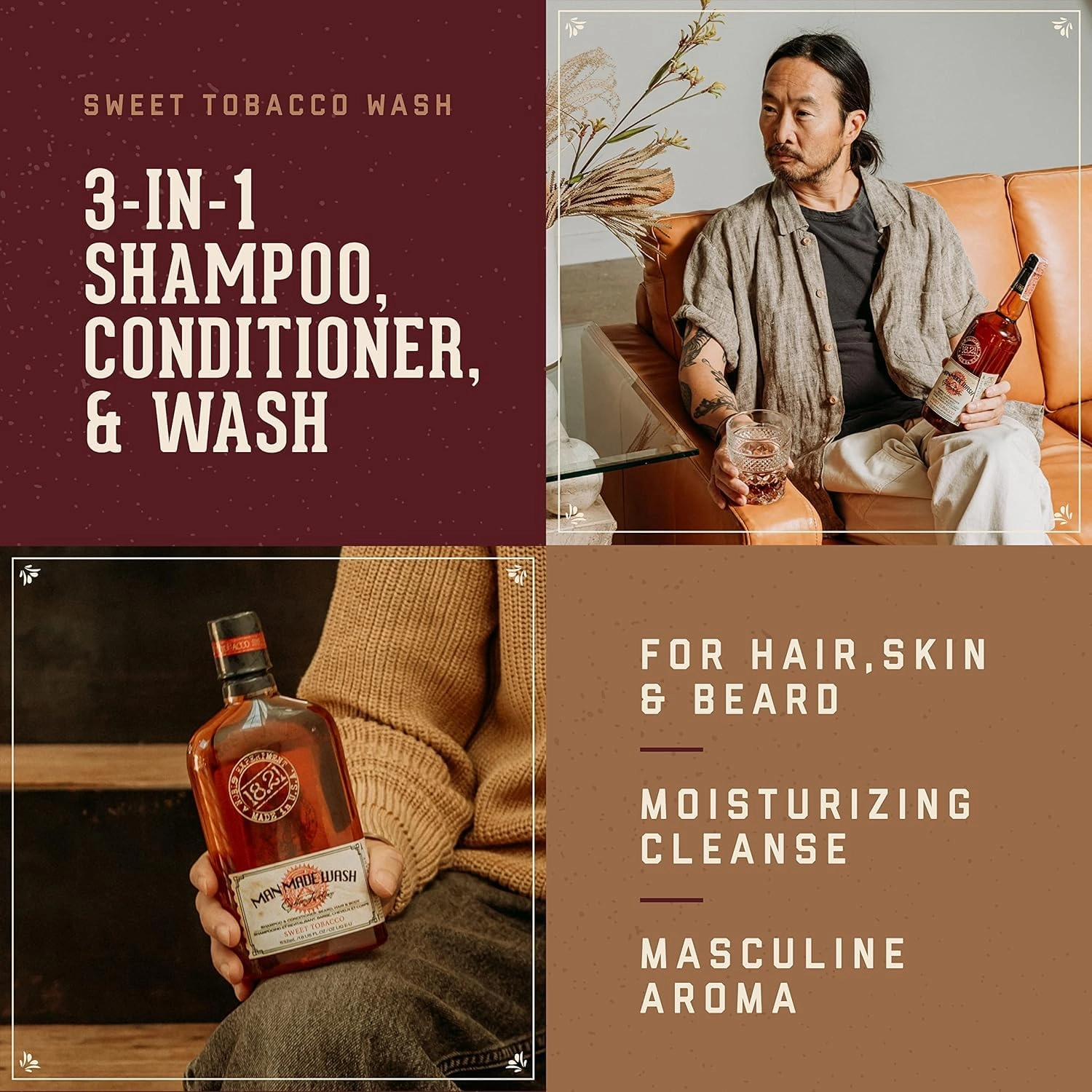 18.21 Man Made Absolute Mahogany Wash & Spiced Vanilla 3-in-1, 18 oz Wash 2-Set Bundle, All Hair & Skin Types for Men, Strengthens and Moisturizes in a Manly Aroma