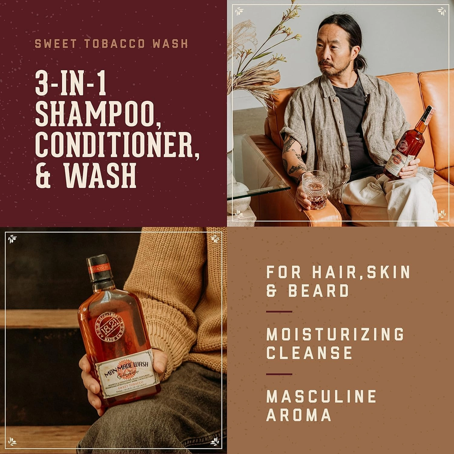 18.21 Man Made Noble Oud Wash & Absolute Mahogany 3-in-1, 18 oz Wash 2-Set Bundle, All Hair & Skin Types for Men, Strengthens and Moisturizes in a Manly Aroma