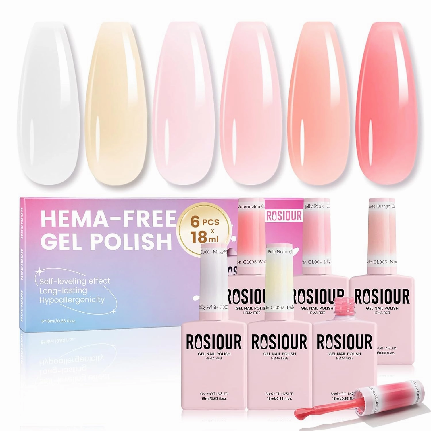 18ML Jelly Gel Nail Polish Set 6 Colors, HEMA-Free Milky White Clear Nude Pink Shades Soak Off Gel Polish Kit for Long-Lasting Nail Art, Translucent Gel Nail Kits For Home Salon & DIY