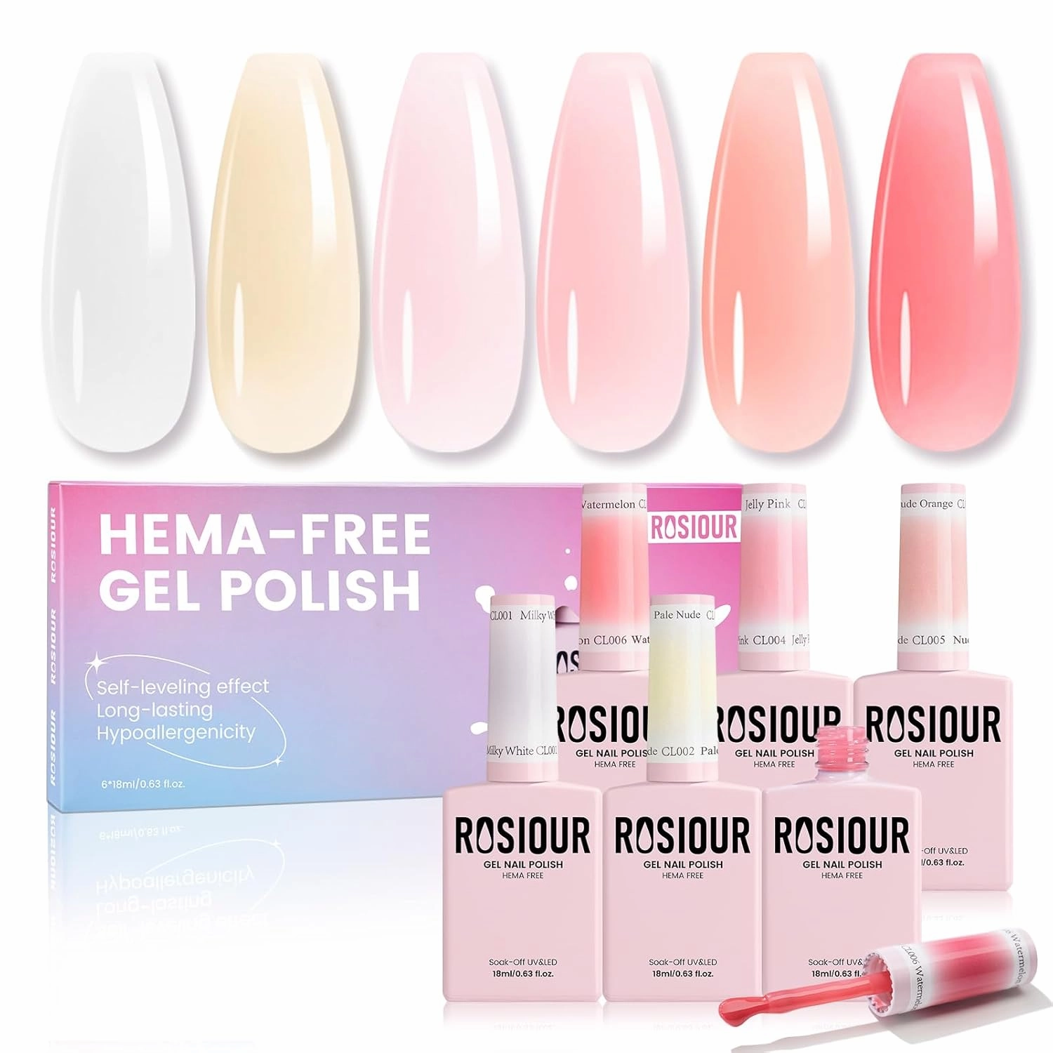 18ML Jelly Gel Nail Polish Set 6 Colors, HEMA-Free Milky White Clear Nude Pink Shades Soak Off Gel Polish Kit for Long-Lasting Nail Art, Translucent Gel Nail Kits For Home Salon & DIY