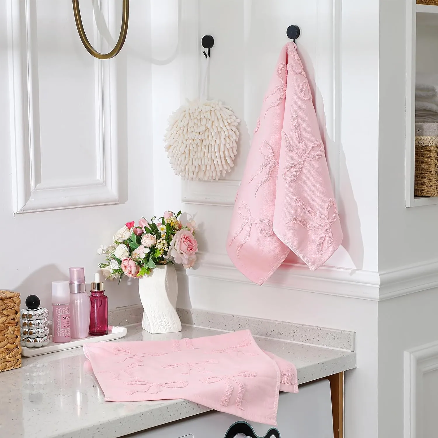 2 Pcs Pink Hand Towels for Bathroom Coquette Bow Hand Towels 100% Cotton Absorbent Decorative Jacquard Weave Bath Decor Preppy Bathroom Decor Gift, 13.7 x 29.5 Inch