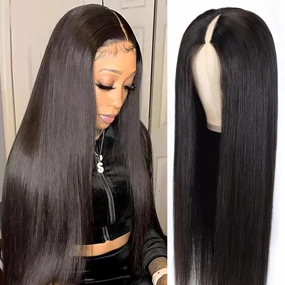 200% Density V Part Wigs Human Hair Straight Upgrade U Part Human Hair Wigs for Women Glueless Full Head Clip In Half Wigs Natural Color (22inch, V Part Straight Wig)