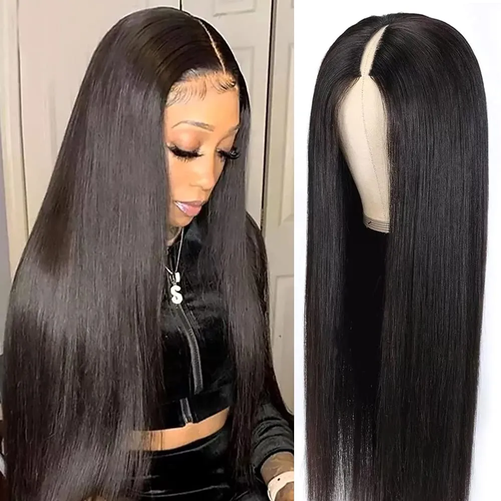 22Inch V Part Wigs Human Hair Straight Brazilian Human Hair Wigs for Black Women Upgrade U Part Wigs No Sew in NO Glue 180% Density Natural Color