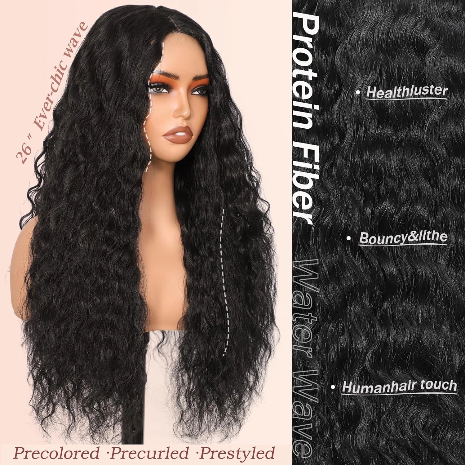26 Inch Black Synthetic Lace Front Wig,Deep Water Wave Lace Front Wig,Curly Glueless Wigs For Black Women ，Hair Replacement Wigs Perfect for Daily & Party Use (Black)