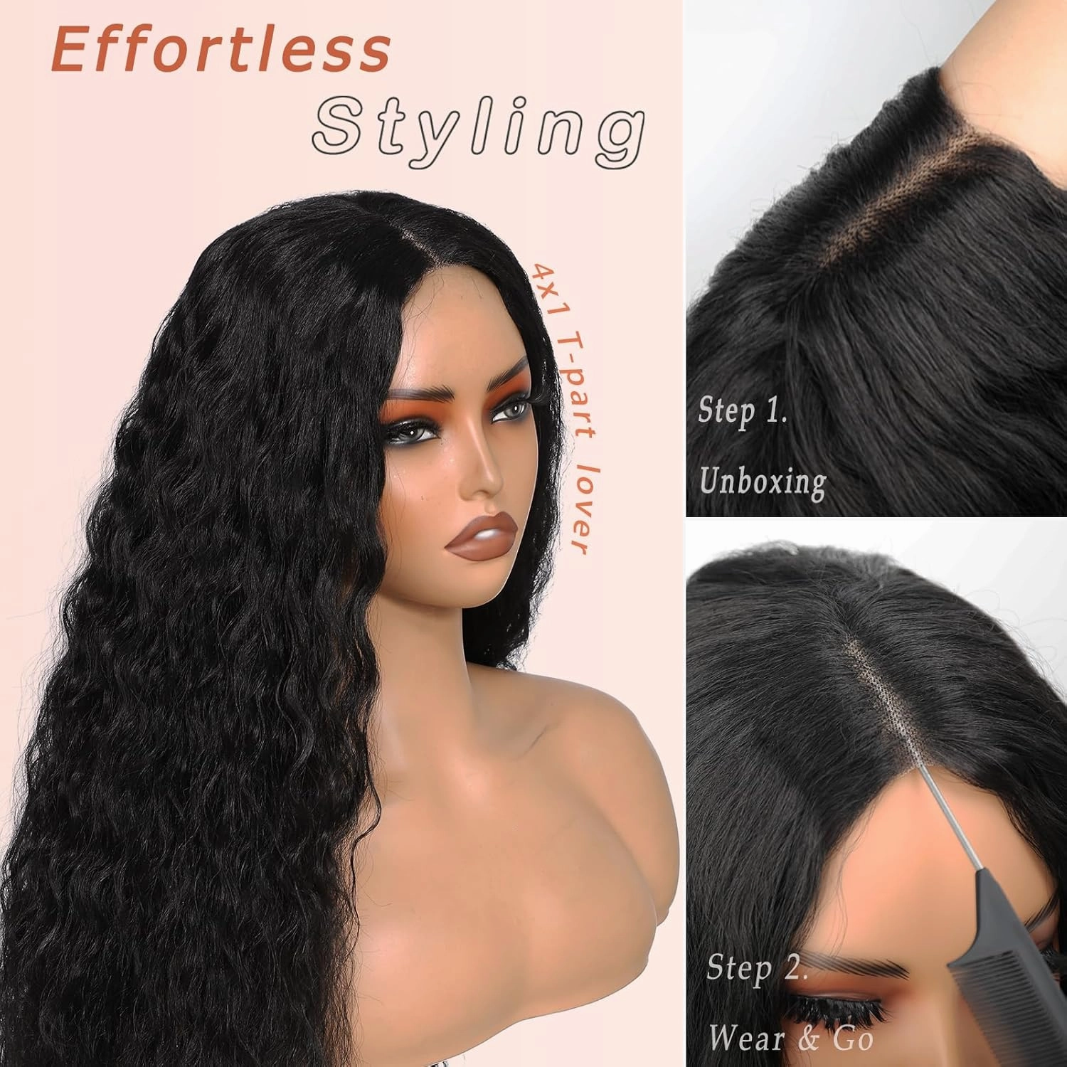 26 Inch Black Synthetic Lace Front Wig,Deep Water Wave Lace Front Wig,Curly Glueless Wigs For Black Women ，Hair Replacement Wigs Perfect for Daily & Party Use (Black)