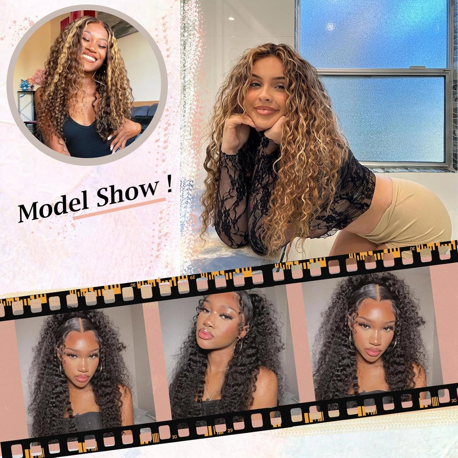 26 Inch Black Synthetic Lace Front Wig,Deep Water Wave Lace Front Wig,Curly Glueless Wigs For Black Women ，Hair Replacement Wigs Perfect for Daily & Party Use (Black)