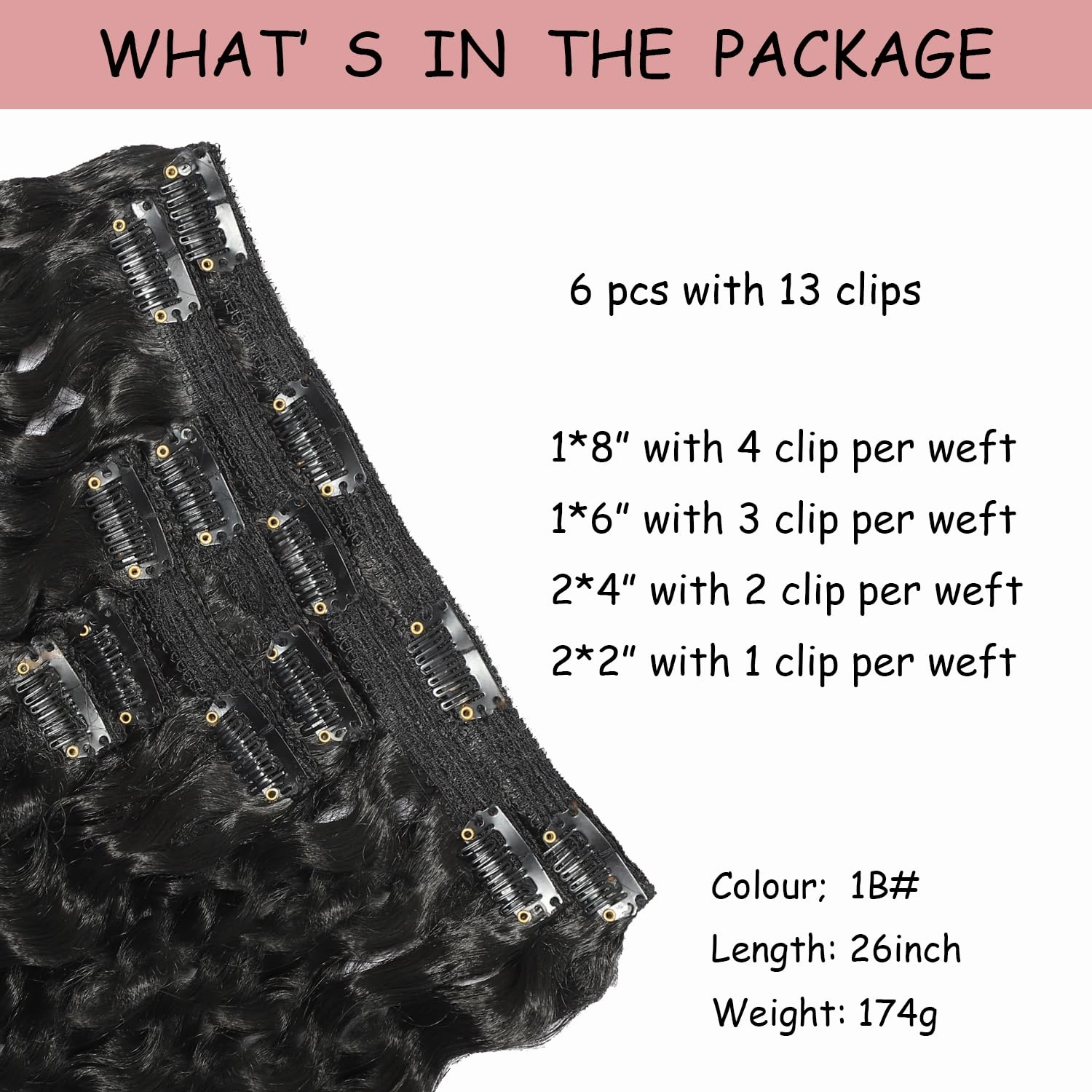 26-Inch Deep Wave Clip-In Hair Extensions - Full Head, 6 Separate Pieces, Heat Resistant, Black Synthetic, Deep Curly Clip-Ins, 174g (1B#, CURLY 26 Inch)