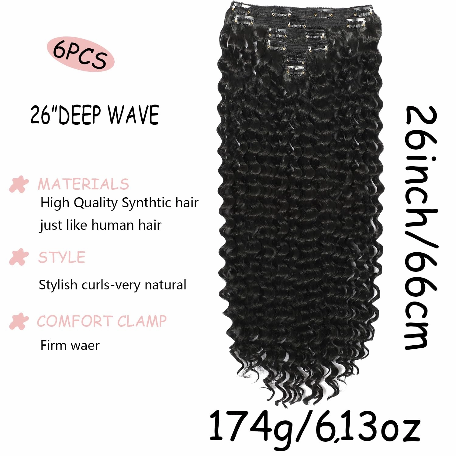 26-Inch Deep Wave Clip-In Hair Extensions - Full Head, 6 Separate Pieces, Heat Resistant, Black Synthetic, Deep Curly Clip-Ins, 174g (1B#, CURLY 26 Inch)