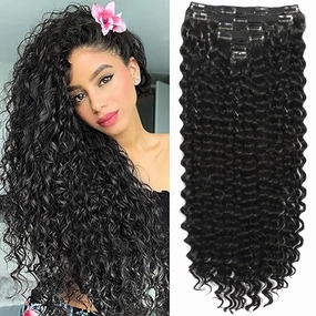 26-Inch Deep Wave Clip-In Hair Extensions - Full Head, 6 Separate Pieces, Heat Resistant, Black Synthetic, Deep Curly Clip-Ins, 174g (1B#, CURLY 26 Inch)
