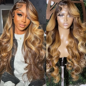 26 Inch Ombre Lace Front Wigs Human Hair 200% Density 13X4 Highlight Body Wave Lace Front Wig Human Hair Pre Plucked for Women Brown mixed Blonde HD Lace Frontal Wigs