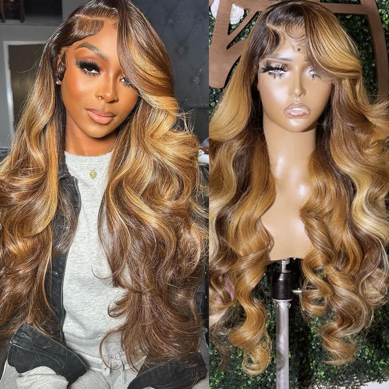 26 Inch Ombre Lace Front Wigs Human Hair 200% Density 13X4 Highlight Body Wave Lace Front Wig Human Hair Pre Plucked for Women Brown mixed Blonde HD Lace Frontal Wigs