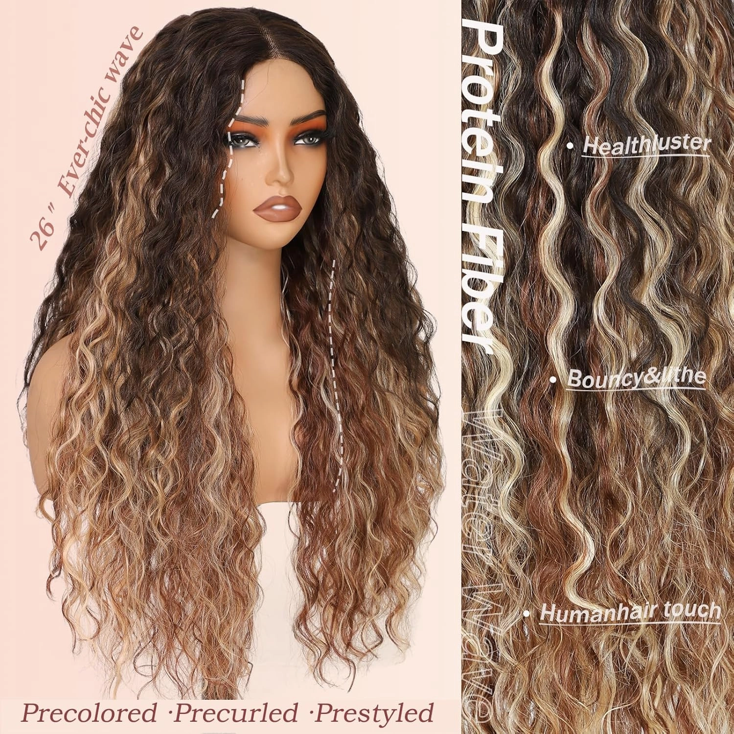 26 Inch Synthetic Curly Wigs for Women Long Curly Wig Deep Water Wave Glueless Wigs For Women (Highlight Ombre139)