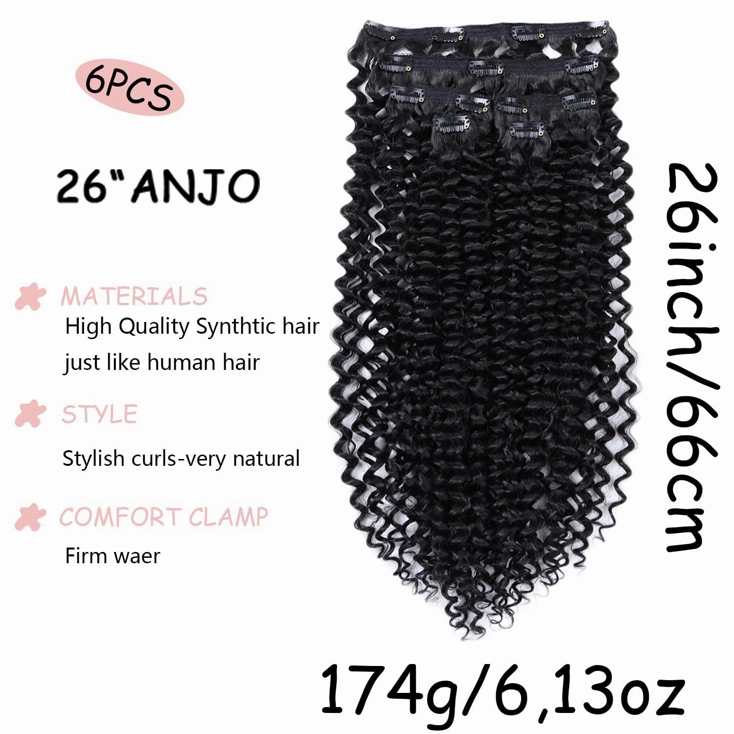 26 Inches Clip in Hair Extensions Synthetic hair Clip in 174G 6Pcs/Lot Japanese Heat Resistant Fiber Hairpieces for Women (1B#, ANJO 26 inch)