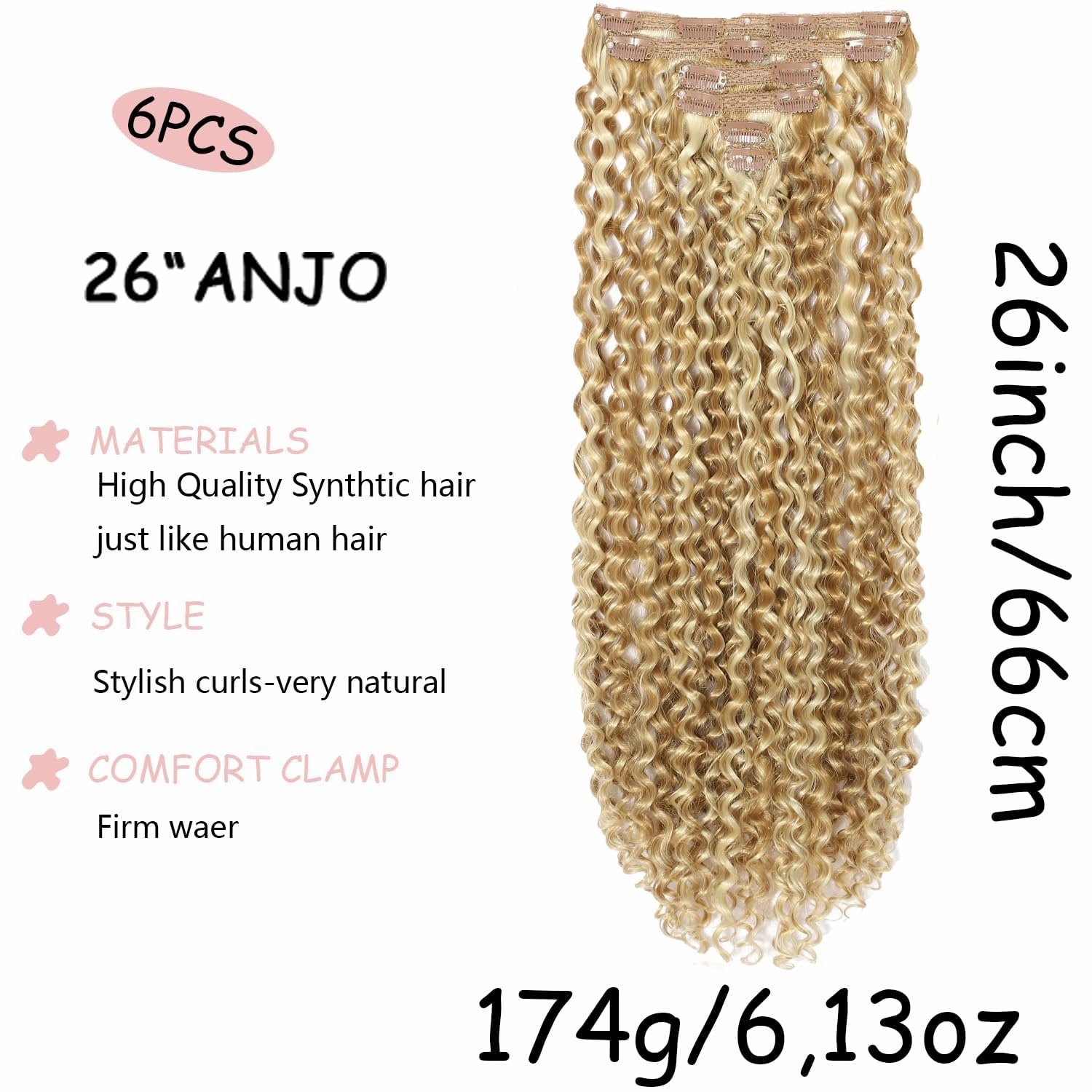 26 Inches Clip in Hair Extensions Synthetic hair Clip in 174G 6Pcs/Lot Japanese Heat Resistant Fiber Hairpieces for Women (p18#22#, ANJO 26 inch)