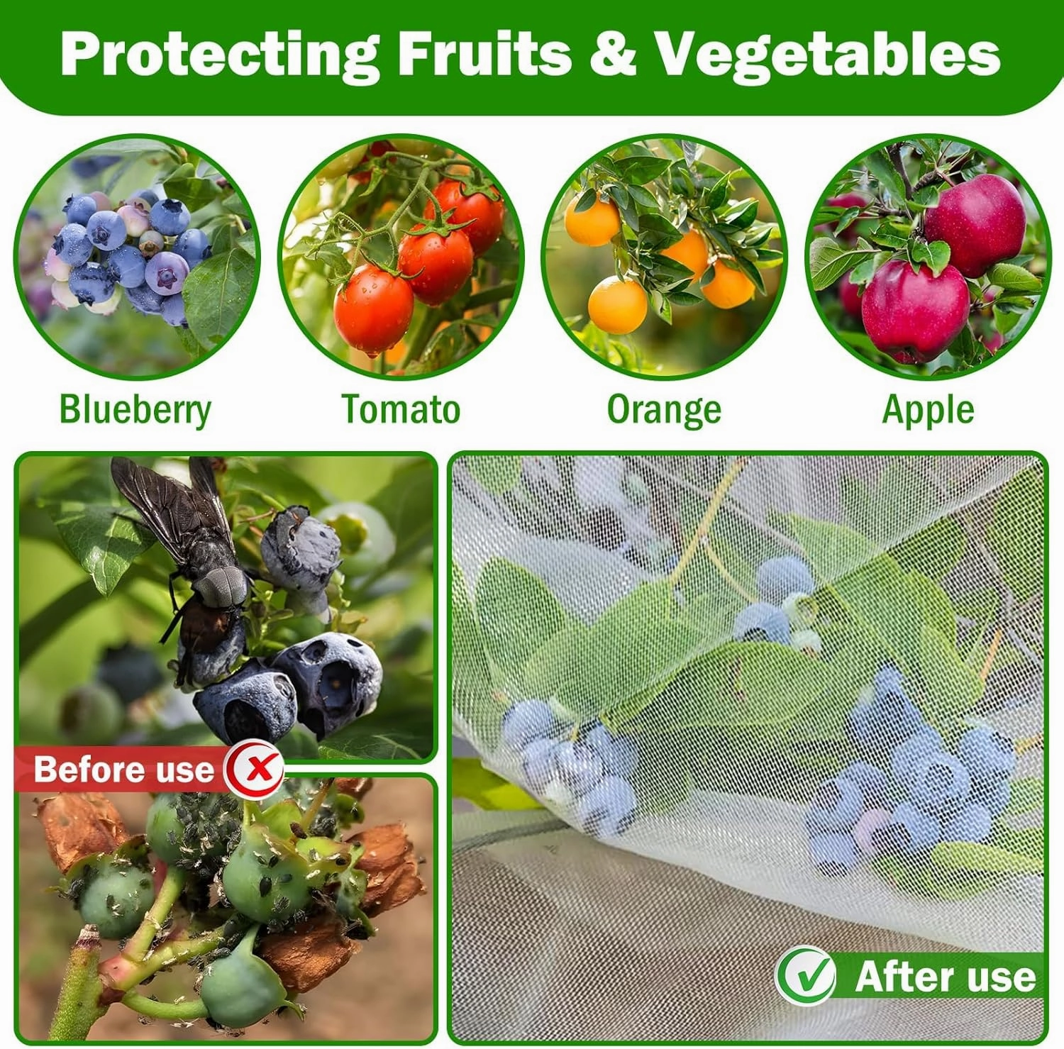 2PCS Large Fruits Tree Netting Cover with Zipper and Drawstring, Insect Bird Barrier Netting for Garden Protection, 8X8 Ft Garden Plant Mesh Netting Cover for Vegetables Tomato Blueberry Bushes