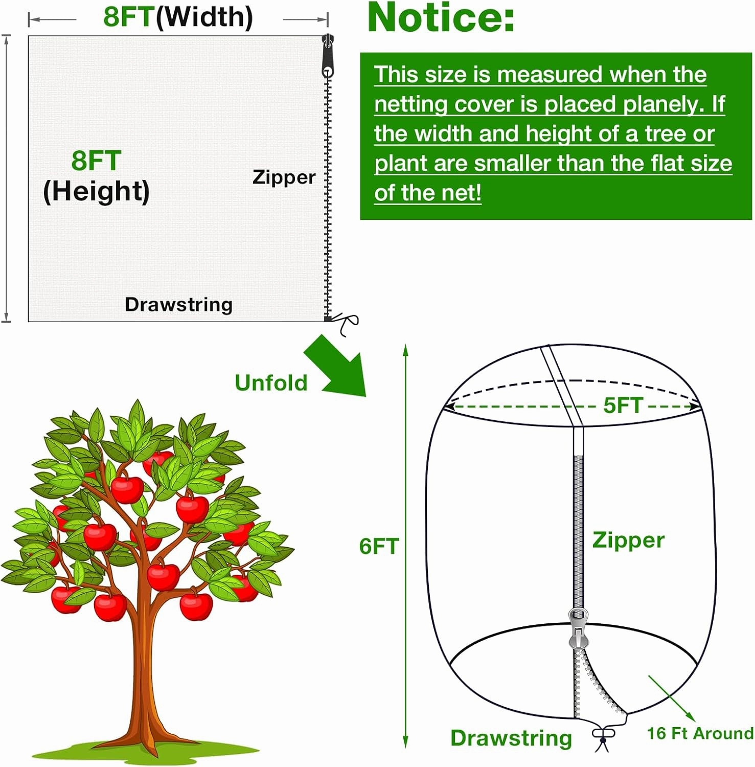 2PCS Large Fruits Tree Netting Cover with Zipper and Drawstring, Insect Bird Barrier Netting for Garden Protection, 8X8 Ft Garden Plant Mesh Netting Cover for Vegetables Tomato Blueberry Bushes