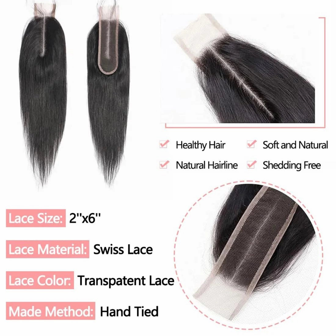 2x6 HD Lace Closure with Bundles Human Hair 24 26 28 20 Inch 12A Brazilian Straight Human Hair Bundles with 2x6 Closure 100% Unprocessed Virgin Weave Hair Extensions