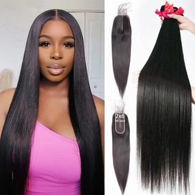 2x6 HD Lace Closure with Bundles Human Hair 24 26 28 20 Inch 12A Brazilian Straight Human Hair Bundles with 2x6 Closure 100% Unprocessed Virgin Weave Hair Extensions
