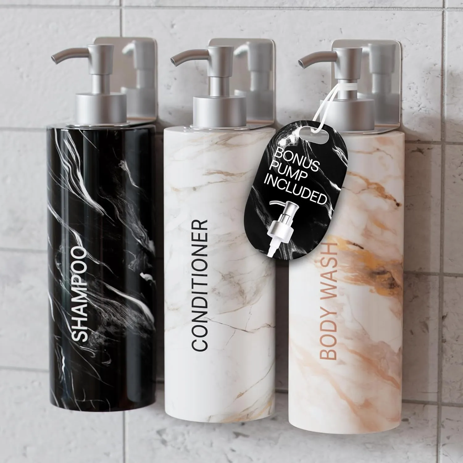 3-in-1 Shampoo, Conditioner, and Body Wash Dispenser - 3 x 17oz/500ml Shower Dispenser 3 Chamber No Drill - Soap Bottles, Wall Mounts, Adhesive Strips, Pump, Funnel - Wall Mounted Shampoo Dispenser