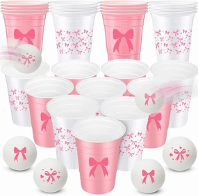 30 Pcs Pink Bow Party Beer Ball Game Supplies Set, 22 Pcs 16 oz Coquette Bow Plastic Cup and 8 Pcs Bow Themed Beer Balls for Birthday Wedding Baby Shower Party Funny Supplies