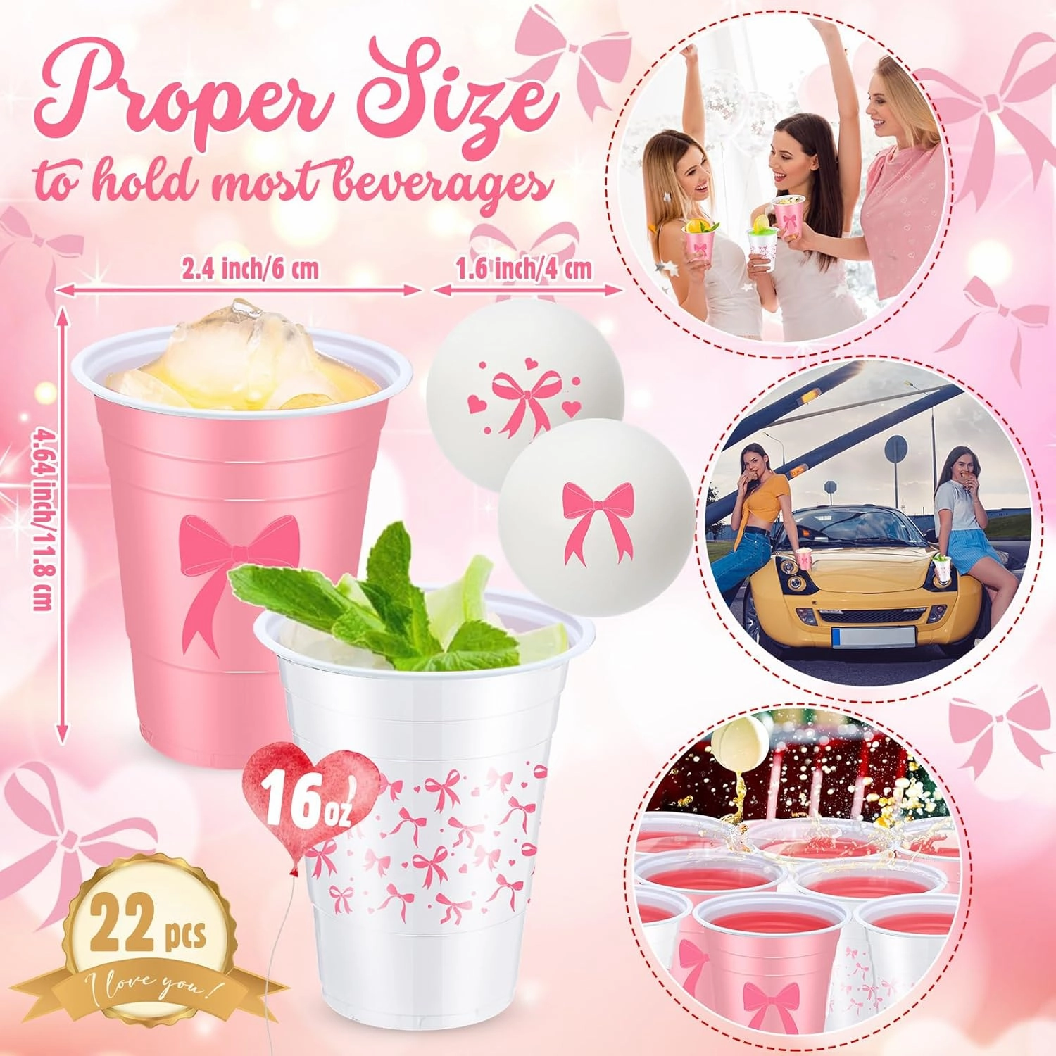 30 Pcs Pink Bow Party Beer Ball Game Supplies Set, 22 Pcs 16 oz Coquette Bow Plastic Cup and 8 Pcs Bow Themed Beer Balls for Birthday Wedding Baby Shower Party Funny Supplies