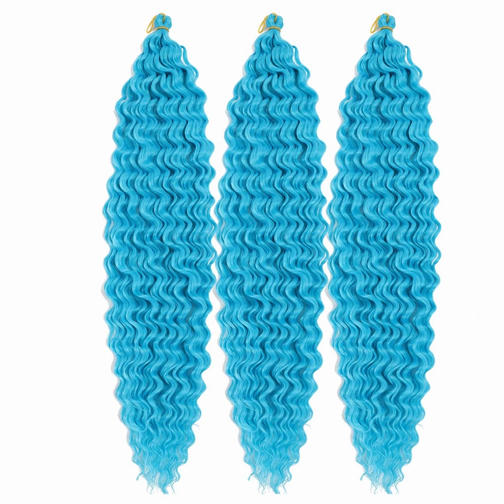 30inch Ocean Wave Braiding Hair Extensions 3packs Long Deep Curly Wave Braid Hair Synthetic Twist Ripple Crochet Deep Wave Braids Hair for Women 100g/pack(30",Blue)