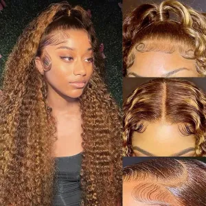34 Inch 13x6 Highlight Ombre Deep Wave Lace Front Wigs Human Hair Pre Plucked 180% Density 4/27 Colored Honey Blonde Glueless Wigs Curly Lace Frontal Wigs Human Hair for Women