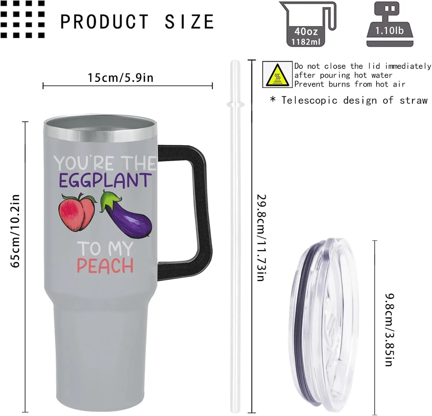 40 oz Tumbler with Handle You're The Eggplant To My Peach Tumbler with Lid and Straw Insulated Tumblers Stainless Steel Tumblers Funny Gift