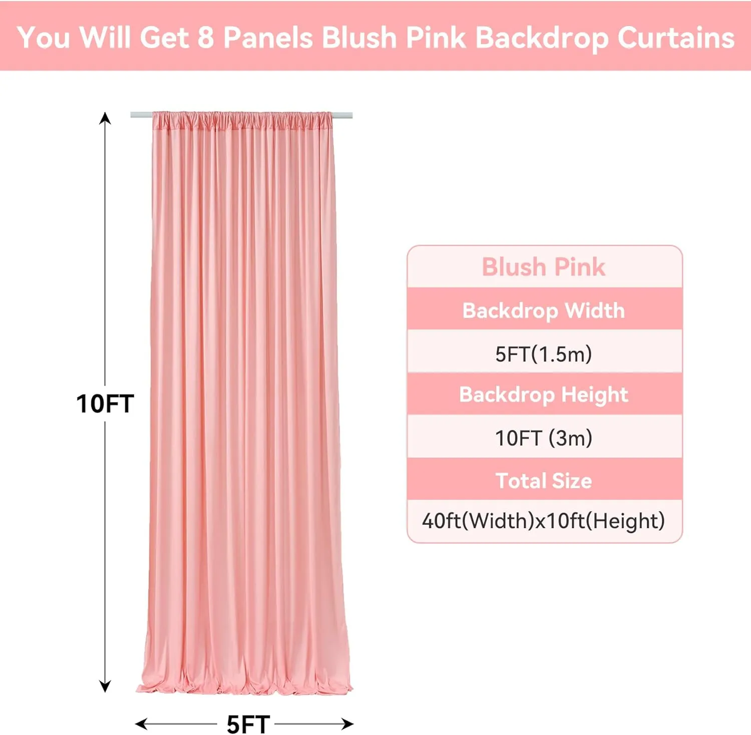 40×10 ft Blush Pink Wrinkle Free Backdrop Curtain for Party Wedding, 8 Panels 5×10ft Soft Silky Blush Backdrop Drapes Curtains for Birthday Parties Baby Shower Photo Photography Stand Backgrounds