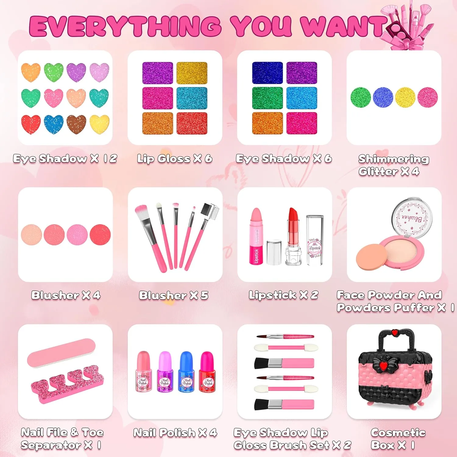 54 Pcs Kids Makeup Kit for Girls, Princess Real Washable Pretend Play Cosmetic Set Toys with Mirror, Birthday Gifts for 3 4 5 6 7 8 9 10 Years Old Girls Kids (Pink)